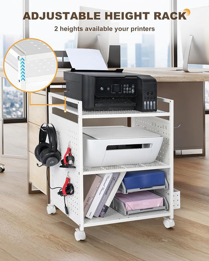 Mythinglogic 3-Tier Rolling Printer Stand with Adjustable Height, Metal Office Organizer Cart, DIY Panels, Lockable Wheels for Home, Office, Kitchen, Gaming