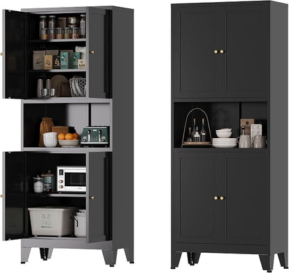 Metal Storage Cabinet, 69" Tall Bathroom Cabinets with 4 Doors & 3 Adjustable Shelves Large Cupboard, Black Metal Pantry Cabinets for Kitchen, Home Office, Garage, Warehouse