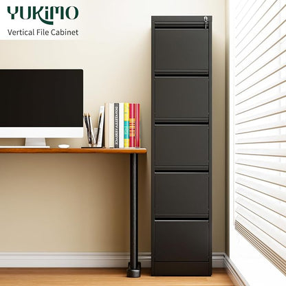 5 Drawer File Cabinet with Lock, Metal Vertical File Cabinets for Home Office, Office Furniture for Organization Hanging Legal/Letter/A4, Office File Cabinet Storage Cabinet, Require Assembly, Black
