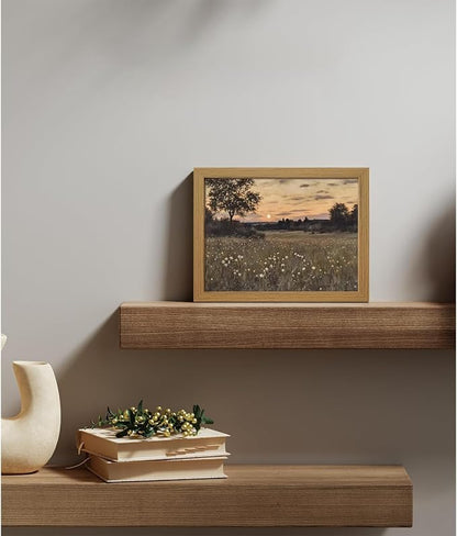 CXQILVER Vintage Framed Meadow Sunset Wall Art, Rustic Twilight Field Landscape Canvas Wall Decor Wildflowers Firefly Poster Print Farmhouse Nature Painting Artwork for Living Room Bedroom 8x10 Inch