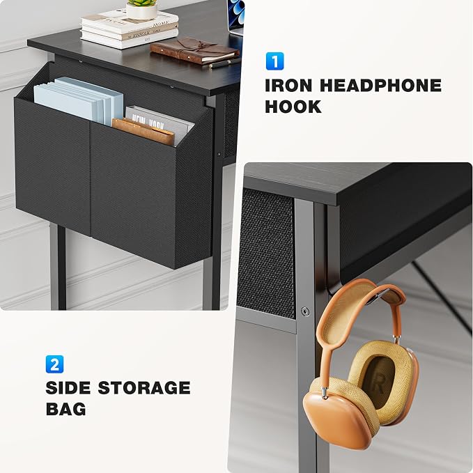 OLIXIS 32 Inch Small Desk with Fabric Drawers for Home Office, Gaming Computer Desk with Side Bag & Headphone Hook, Writing Study Work Table for Bedroom Small Space, Sleek Black