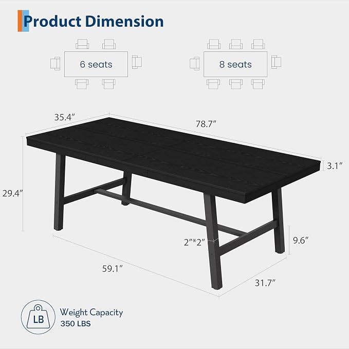 GarveeHome Industrial Dining Table for 6-8 People, 78.7" Long Large Kitchen Table with Sturdy Metal Frame, Rectangular Counter for Dinner, Kitchen, Dining Room (Black, 79" Non-extendable)