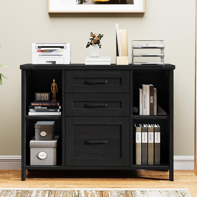 Halitaa 3 Drawer File Cabinet, Farmhouse Lateral Filing Cabinet Fits Files Letter or A4 Size, Wooden Printer Stand with Open Storage Adjustable Shelf for Home Office, Black