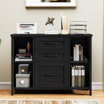 Halitaa 3 Drawer File Cabinet, Farmhouse Lateral Filing Cabinet Fits Files Letter or A4 Size, Wooden Printer Stand with Open Storage Adjustable Shelf for Home Office, Black