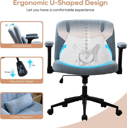 IPKIG Criss Cross Chair with Adjustable Flip-up Arms, Vanity Chair with Wheels, Comfy Desk Chair with Lumbar Pillow Swivel Wide Office Chair for Home Office, Bedroom, Linen, Blue