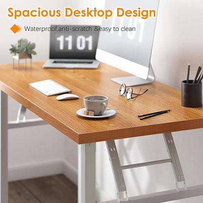 Need Folding Computer Desk, Large 62 inches Folding Table for Home Office, No Install Needed Foldable Writing Table Long Desk, Space-Saving, Teak White