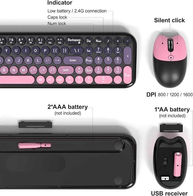 MOFII Wireless Keyboard and Mouse Combo, Compact Small Keyboard with Large Print, 2.4GHz Retro Typewriter Keyboard, Quiet Click Mouse for PC, Laptop, Desktop, Windows (Plum Pink Gradient)