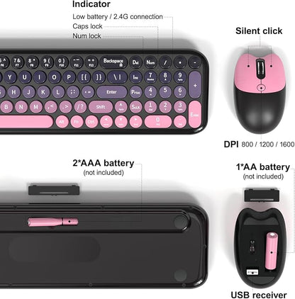 Wireless Keyboard and Mouse Combo, MOWUX Compact Typewriter Retro Round Computer Keyboard, Cute Optical Mouse Wireless, Plug and Play, for Laptop, PC, Computer- Plum Pink Gradient