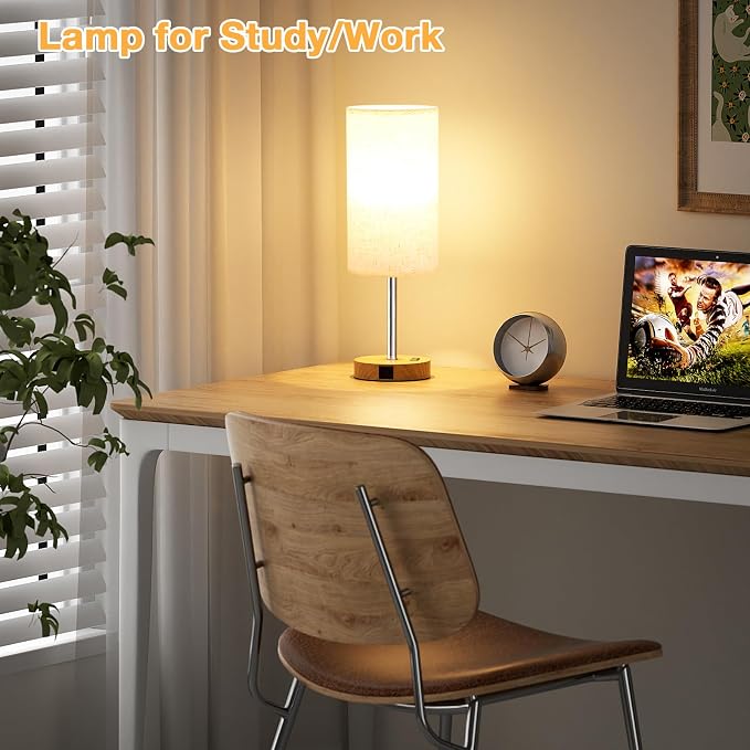 Dicoool Touch Bedside Table Lamp with USB - 3 Way Dimmable Wood Lamp for Bedroom Nightstand, Desk Lamp with Charging Station for Dorm, Office, Kids Room, Living Room