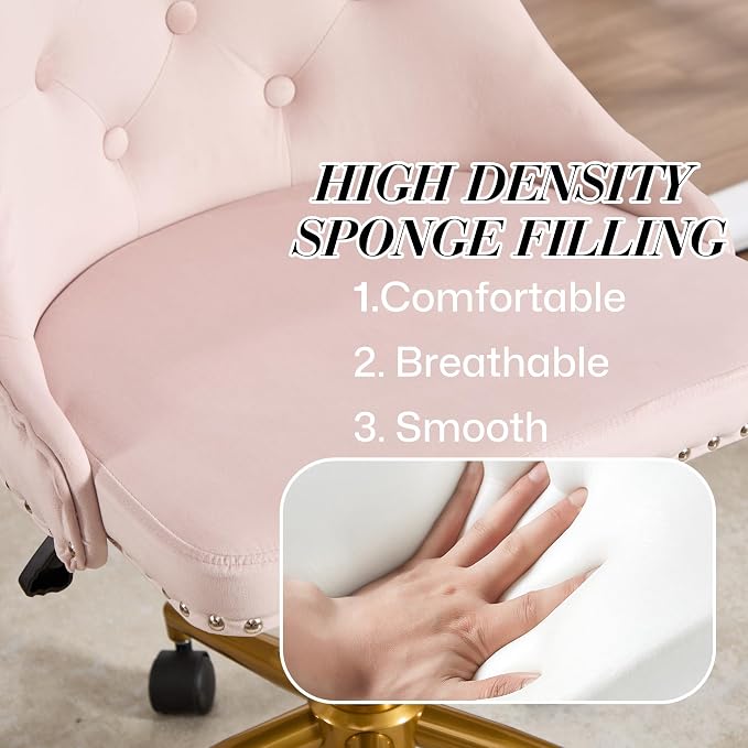 Velvet Armless Home Office Desk Chair, Swivel Height-Adjustable Small Cute Vanity Chair for Women/Girls, Comfy Makeup Chair with Rivet and Gold Base for Living Room, Bedroom(Light Pink)