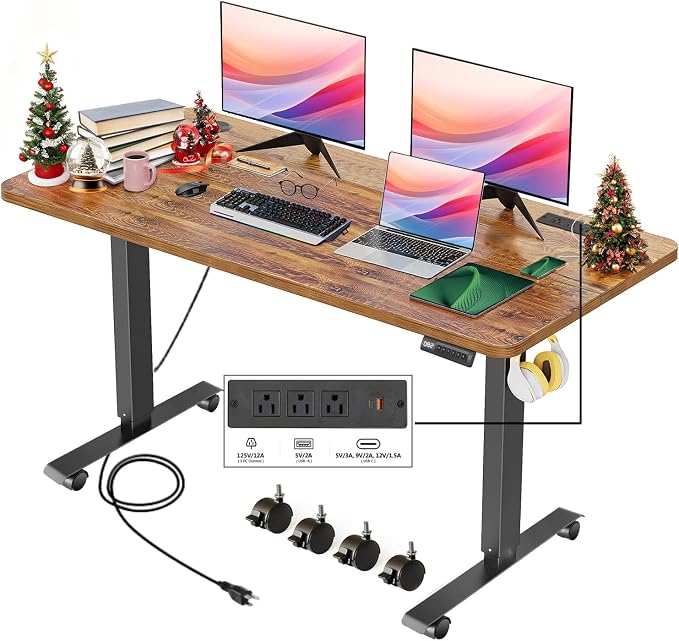 Electric Adjustable Height Standing Desk, 48×24 Inches Sit Stand Desk with Power Socket, 2 USB Ports, 3 Power Outlets, 4 Wheels,4 Memory Buttons Home Office Computer Workstations (Brown)