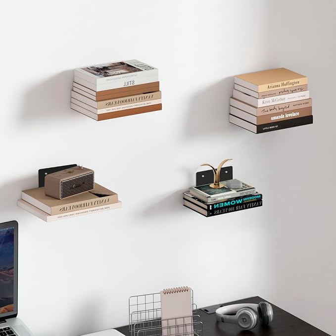STORAGE MANIAC Floating Book Shelves for Wall Mounted Invisible Floating Bookshelves Heavy-Duty Steel Hidden Bookshelf Hanging Bookshelves for Bedroom Living Room Office, Black 4-Pack Large