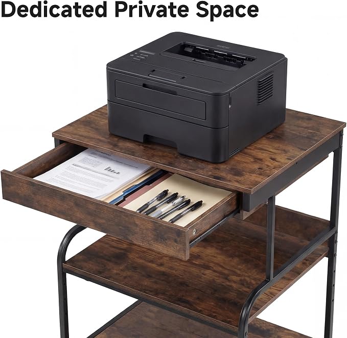 3 Tier Printer Stand with Drawer – Rolling Printer Cart on Wheels for Home Office, Adjustable Shelf & Heavy Duty Steel Frame, Large Printer Table for Scanner Fax Copier,23.6''x18.9''