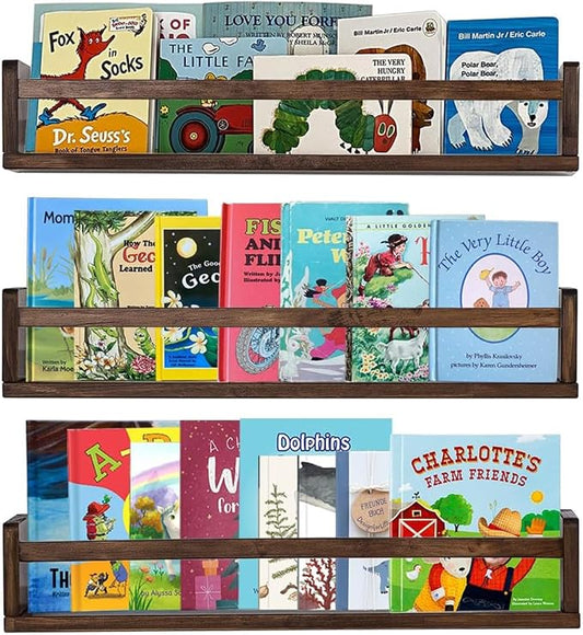 AZSKY Nursery Book Shelves 24 Inch Deep Walnut Floating Bookshelf for Kids Room Wall Mounted Floating Shelves Solid Nursery Bookshelf Perfect Decor for Kitchen Bedroom Living Room Set of 3