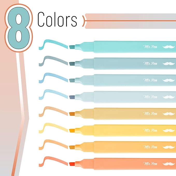 Mr. Pen- Aesthetic Highlighters No Bleed, 8 Pack, Pastel Colors, Chisel Tip | Cute Highlighters Assorted Colors for Journaling, Highlighting, Underlining, Fast Dry, Back to School Supplies