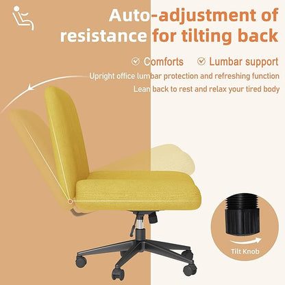 Shintenchi Criss Cross Chair,Cross Legged Office Seat with Wheels Armless Swivel Vanity Chair,Height Adjustable Wide Computer Task Seating for Home Office,Yellow ﻿