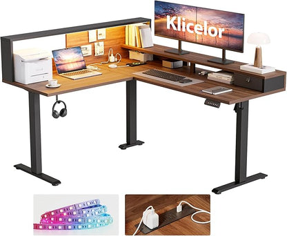 Klicelor L Shaped Electric Standing Desk 63 x 55 inch with Shelf, Height Adjustable Corner Desk, Sit Stand Desk with Storage Shelf, Home Office Computer Table, Light Dark Walnut