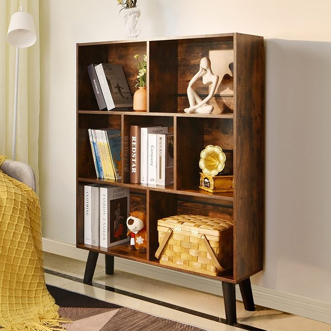LEYAOYAO Cube Bookshelf 3 Tier Mid-Century Rustic Brown Modern Bookcase with Legs,Retro Wood Bookshelves Storage Organizer Shelf,Freestanding Open Book Shelves for Bedroom,Living Room,Office