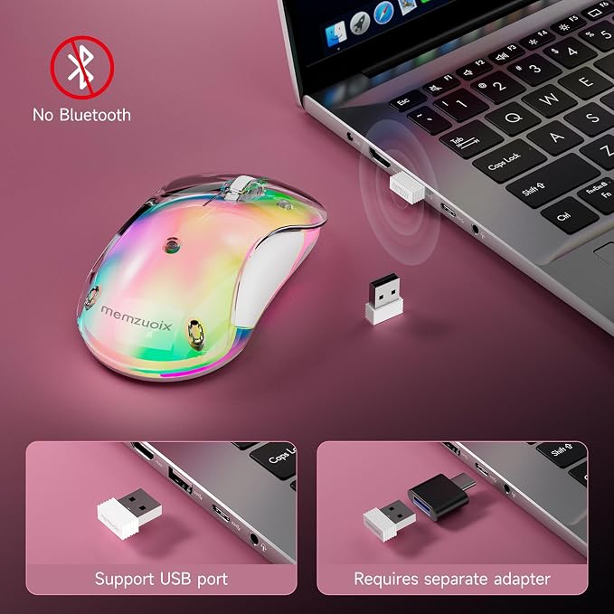 memzuoix 2.4G LED Wireless Mouse, Rechargeable Ergonomic Mouse with Detachable Cover, 1400 DPI Portable Optical Computer Mouse with USB Receiver for Laptop, PC, Desktop and MacBook, 5 Buttons-Pink