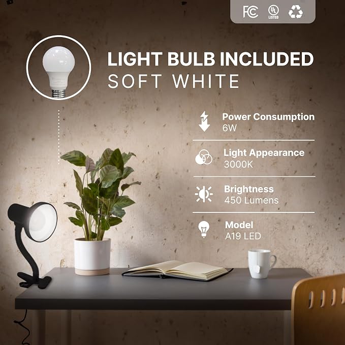 Xtricity LED Desk Light, 360° Adjustable Gooseneck, (Black Finish) | Home and Office Lamp with 7W A19 Bulb, 120V, On/Off Switch, 14” Height - Reading Lamps for Bedside Table, College Dorm