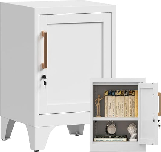 23.6" H White Metal Locker Nightstand with 1 Lockable Door and 1 Adjustable Shelf, Small Storage Cabinet with Detachable Legs and Vintage Handle for Home Office,Living Room or Bedroom,Easy Assembly