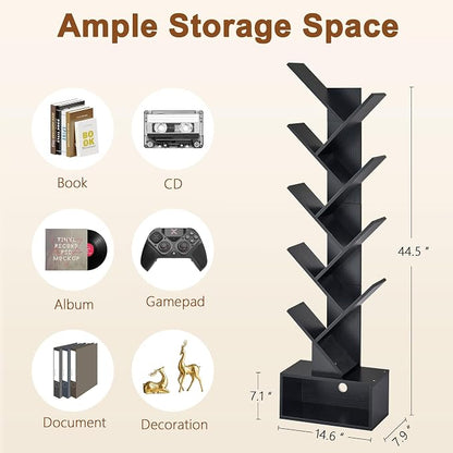 Hoctieon 9 Tier Tree Bookshelf, Tall Bookcase with Drawer, Wood Book Shelf, Modern Floor Standing Bookshelves, Book Organizer Shelves for Bedroom, Living Room, Home Office, Black