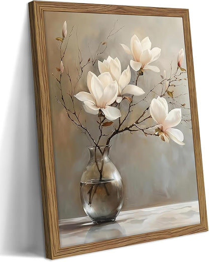 Framed Flower Canvas Wall Art, White Magnolia Branch in Vase Poster Prints, Elegant Nature Still Life Botanical Artwork, Modern Minimalist Wall Decor for Living Room Bedroom Bathroom 12x16in