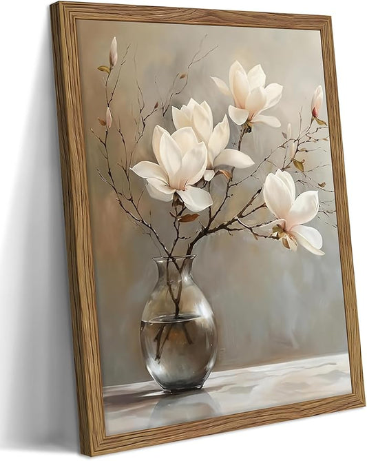 Framed Flower Canvas Wall Art, White Magnolia Branch in Vase Poster Prints, Elegant Nature Still Life Botanical Artwork, Modern Minimalist Wall Decor for Living Room Bedroom Bathroom 12x16in