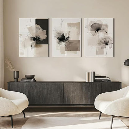 Neutral Abstract Floral Canvas Wall Art Modern Large Minimalist Wall Decor Contemporary Beige Black Flower Posters Prints Picture for Living Room Bedroom Bathroom Office 16x24 In Framed