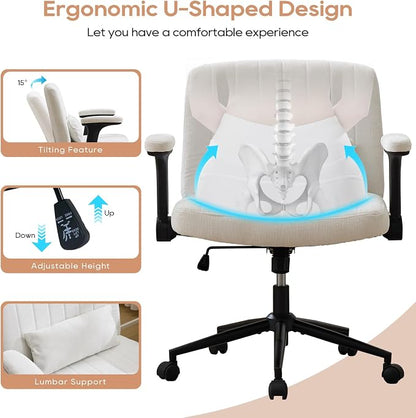 IPKIG Criss Cross Chair with Adjustable Flip-up Arms, Vanity Chair with Wheels, Comfy Desk Chair with Lumbar Pillow Swivel Wide Office Chair for Home Office, Bedroom, Linen, White