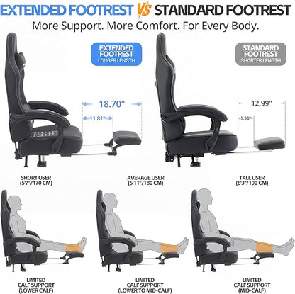 Desk Computer Gaming Chair - Ergonomic Game Office Chair with Extended Footrest and Massage Lumbar Support, Home Gamer Video Game Chairs with Spring Cushion for Adults (Pro Black Fabric)