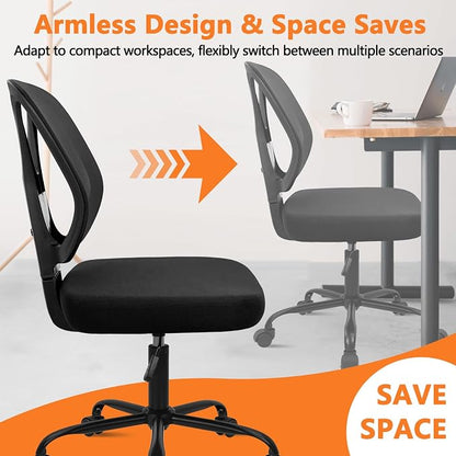 CLATINA Armless Home Office Chair, Adjustable Height Backrest Ergonomic Mesh Desk Chair with Wheels, 360° Swivel Small Computer Task Chair for Home Office, Study, Meeting Room, Black