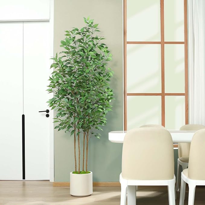 SOGUYI Ficus Artificial Tree 7ft Fake Silk Plant for Home Decor Indoor, Faux Tree in White Imitation Ceramic Planter Fake Floor Plant for Living Room and Home Office Corner Indoor Decor, Set of 1