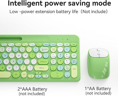 Retro Wireless Keyboard and Mouse Combo, Full-Size USB Keyboard with Round Keycaps, 2.4GHz Wireless for Desktop, Laptop and Computer (Green-Colorful)