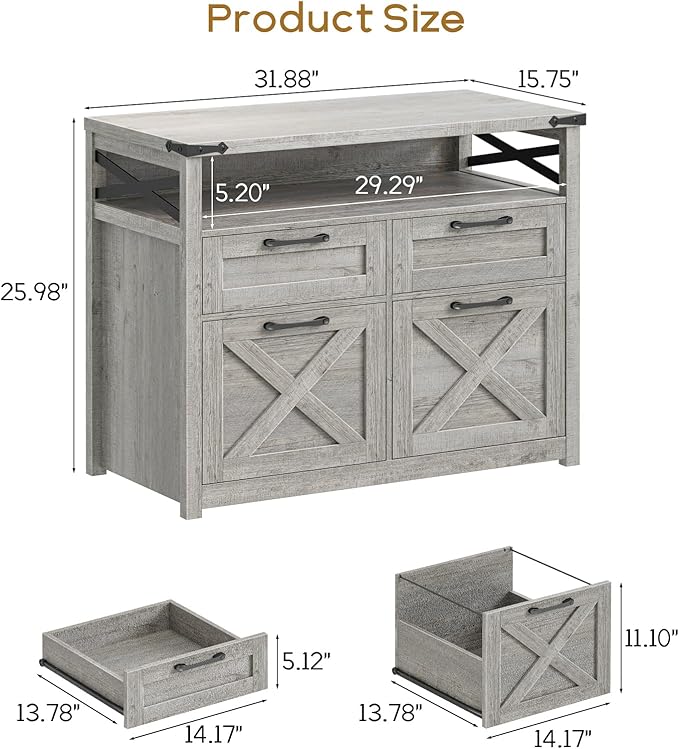 Vabches Farmhouse 4 Drawer File Cabinet with Open Storage Shelf, Lateral Filing Cabinet Fits Letter/A4/ Size, Home Office Filing Organizer, Document Storage Printer Stand for Office and Home. Grey