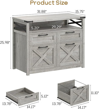 Vabches Farmhouse 4 Drawer File Cabinet with Open Storage Shelf, Lateral Filing Cabinet Fits Letter/A4/ Size, Home Office Filing Organizer, Document Storage Printer Stand for Office and Home. Grey