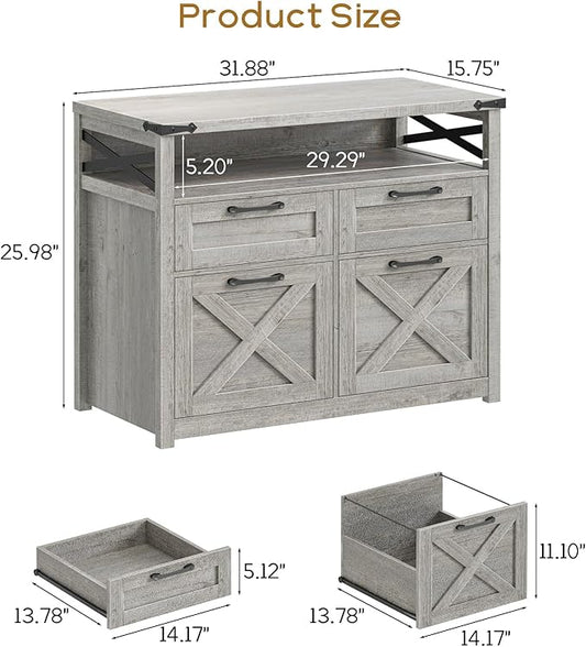 Halitaa Farmhouse 4 Drawer File Cabinet with Open Storage Shelf, Lateral Filing Cabinet Fits Letter/A4/ Size, Home Office Filing Organizer, Document Storage Printer Stand for Home and Office,Grey