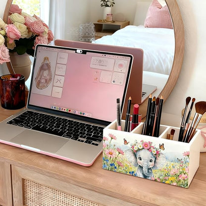 Elephant Pen Pencil Holder for Desk Accessories, Elephant Gifts for Women & Kids, Rustic Butterfly Flower Wild Animal Wooden Box Sign Decorations for Kids Room Home Office Desk Tabletop