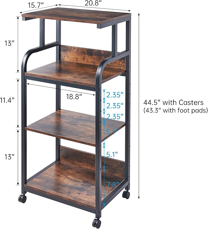 Fannova 4-Tier Printer Stand with Adjustable Storage Shelf, Large Tall Printer Table with Wheels for Home Office Small Spaces Organization, Rustic Brown