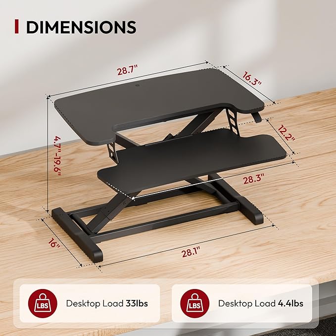 SANODESK Standing Desk Converter 28" Desk Riser for Home Office, Compact Sit Stand Desktop Workstation for Laptop & Monitor, Ergonomic Height Adjustable Riser, Black