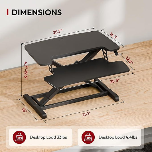 SANODESK Standing Desk Converter 28" Desk Riser for Home Office, Compact Sit Stand Desktop Workstation for Laptop & Monitor, Ergonomic Height Adjustable Riser, Black