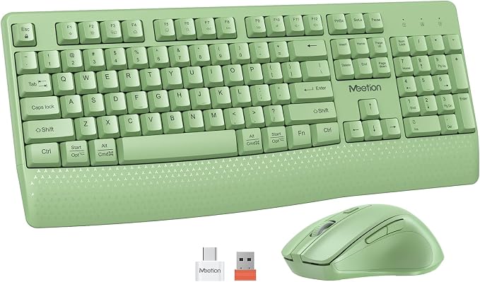 MEETION Green Wireless Keyboard and Mouse, Full-Sized Cordless Keyboard with Wrist Rest, 3 DPI Adjustable Mouse, 2.4GHz USB-A Receiver, Computer Keyboard for PC/Computer/Laptop/Windows/Mac