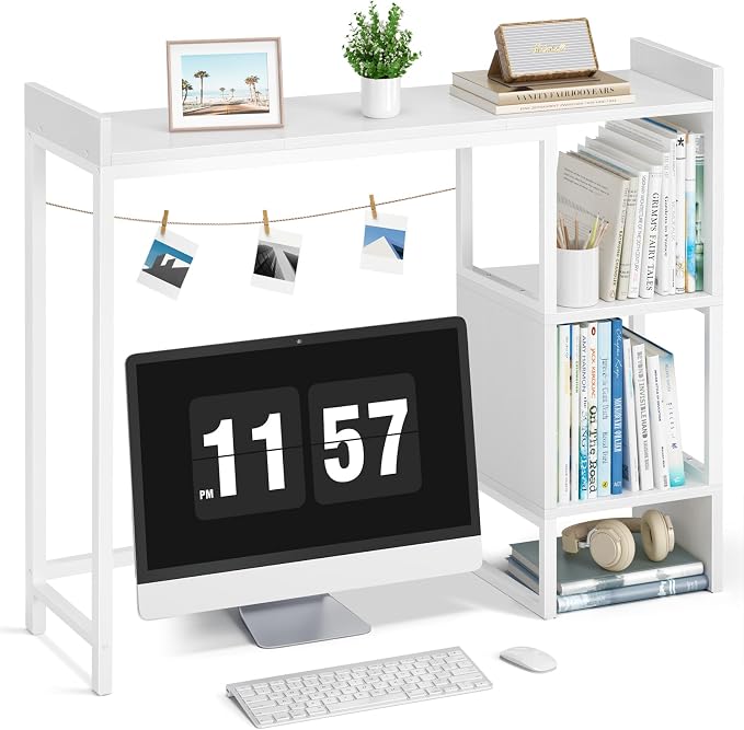 White 37" Desk Hutch for Table Top, Dorm Desk Bookshelf with Side Baffles, Desktop Organizer Shelf for Office & College, Monitor Riser Stand