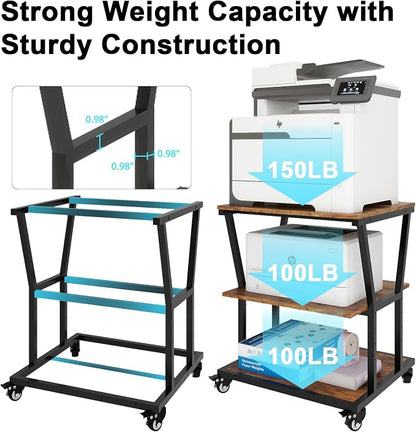 Natwind 3-Tier Large Printer Stand,23.6"x23.6"x29.5" Heavy-Duty Printer Table Cart with Paper Storage Shelf & Wheels,Ideal for Home Office Laser Printers, Copiers (Retro)
