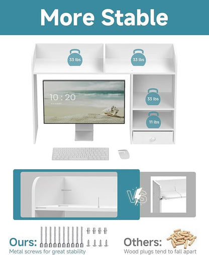 LAND·VOI Desktop Bookshelf with Drawer, Desk Hutch with 4 Storage Shelves for Computer Desk, Desk Shelf for Home Office Dorm, Dressing Tabletop, Bar Countertop, White