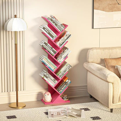 SHEEPAM 10 Tier Tree Book Shelf, Floor Standing Wood Bookshelf for Narrow Space, Storage Organizer Bookshelves for Books/CDs/Magazine, Bookcase with Shelves for Home Office, Living Room - Pink