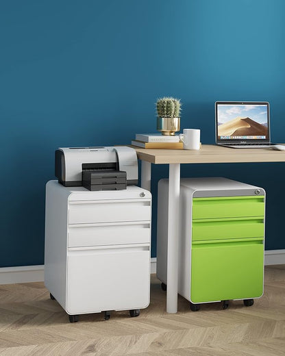 Dripex 3 Drawer Green File Cabinet, Mobile Under Desk Storage File Cabinet with Lock on Wheels, Letter/Legal Size, Fully Assembled, Small Short Vertical Metal Rolling Filing Cabinets for Home Office