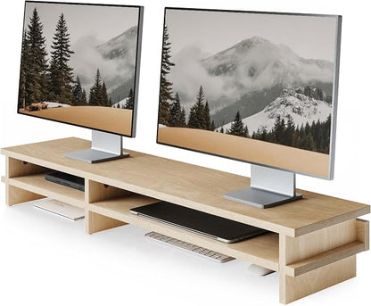 Fenge Dual Monitor Stand, 39.4in Wood Monitor Riser for 2 Monitors, 2 Tiers Desk Shelf with Cable Mangement for Top of Desk, Computer Stand for Laptop, PC, Printer