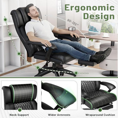 HOMREST 500lbs Big and Tall Office Chair, Ergonomic Heavy Duty Chair with Adjustable Lumbar Support & Backrest, Executive Leather Office Chair with Wide Armrests and Wheels (Black)
