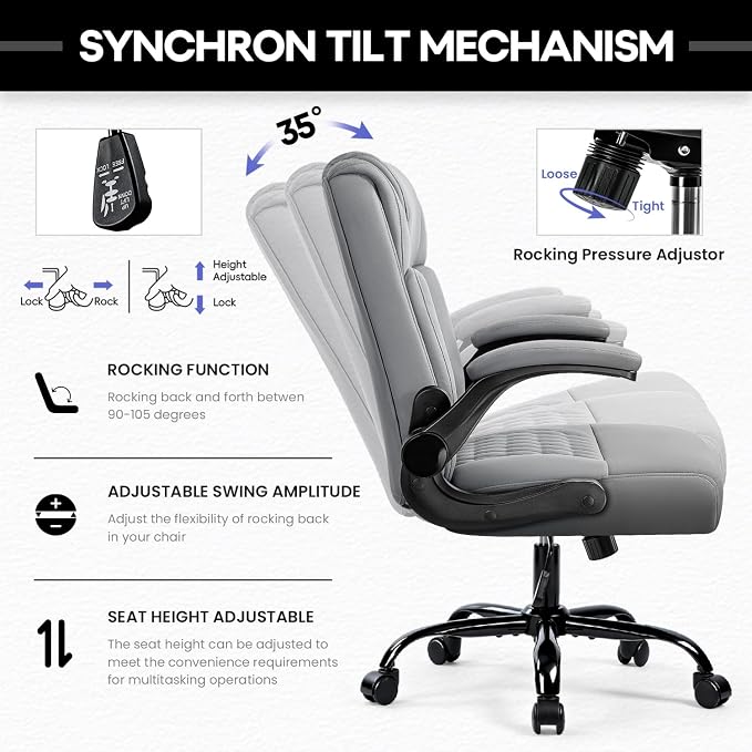 OFIKA Leather Office Desk Chair,Ergonomic Office Chair with Lumbar Support,Computer Chair,Executive Leather Chair with Padded Flip-up Arm,Adjustable Armrests, Gray,275LBS